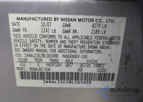 2008 Nissan Altima 2.5 S z USA, uszkodzony, nr VIN 1N4AL21E28C165498